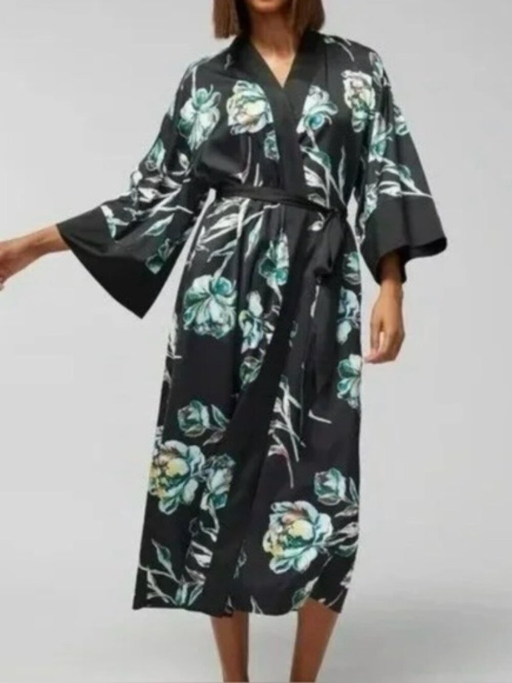 SOMA Impressions Floral Black Satin Long Robe S/M Small/Medium NWT $99
